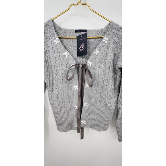 New NWT Miss Zhang Tie Front Grey Cardigan With Bow Detail Size Large - Picture 4 of 7